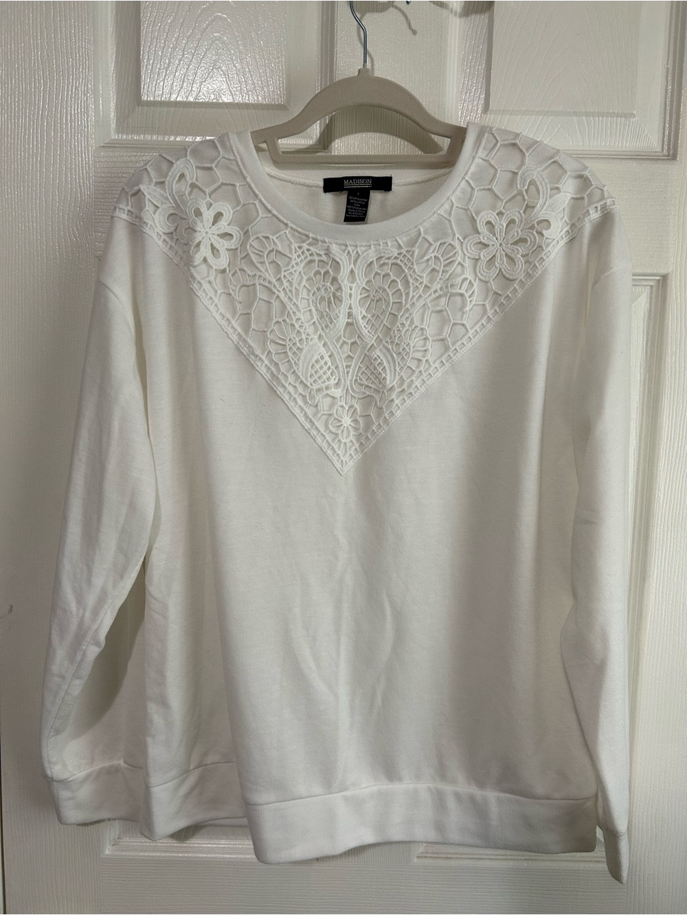 Madison Studio White Lace-Inset Long Sleeve Sweatshirt